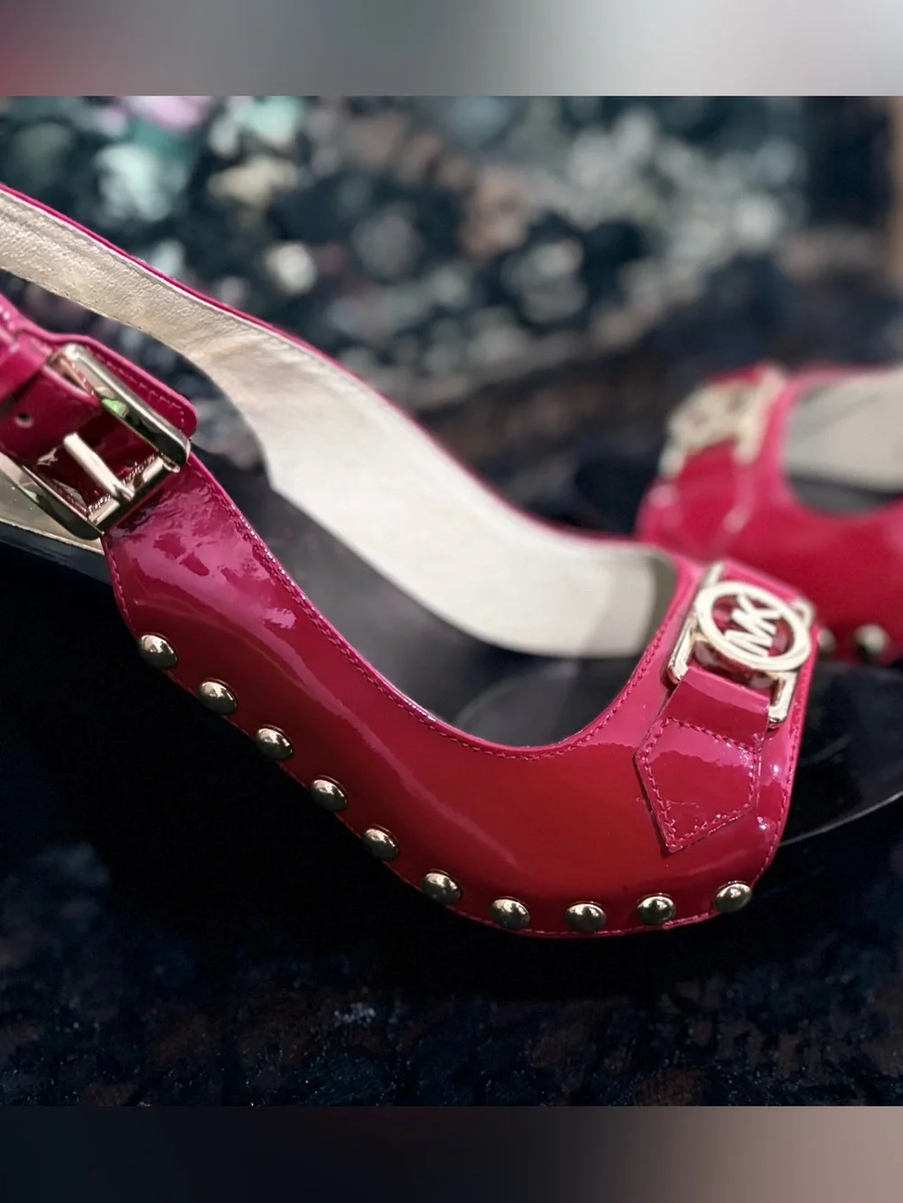 Size 5 Michael Kors Glossy Red  Patent MK Logo Slide Sandals